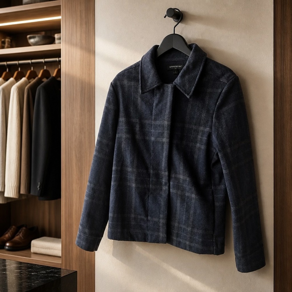 Banana Republic Men's Charcoal Plaid Wool-Blend Car Coat Small (Retail $250)
